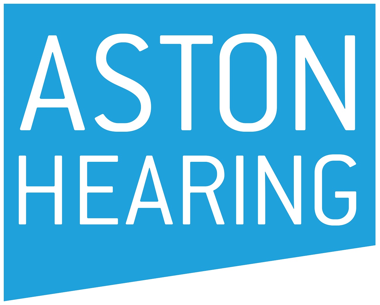Aston Hearing logo. Blue background with white writing