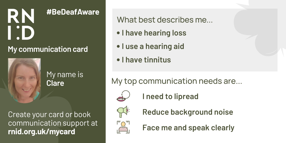 Example of communication card including photo and communication needs, e.g. "I need to lipread"